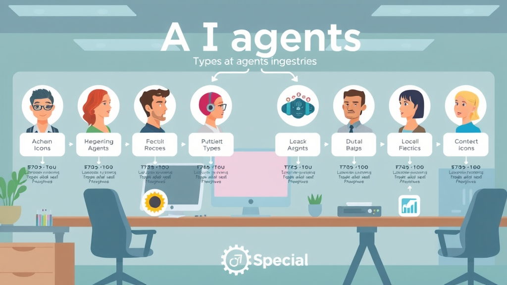 Infographic showing types of AI agents as colorful icons, flow connecting each type to industries. Theme: types of ai agent, workflow matching, business fit.
