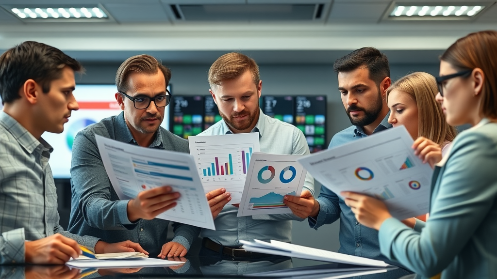 Serious marketing team reviewing compliance reports and ad campaign charts