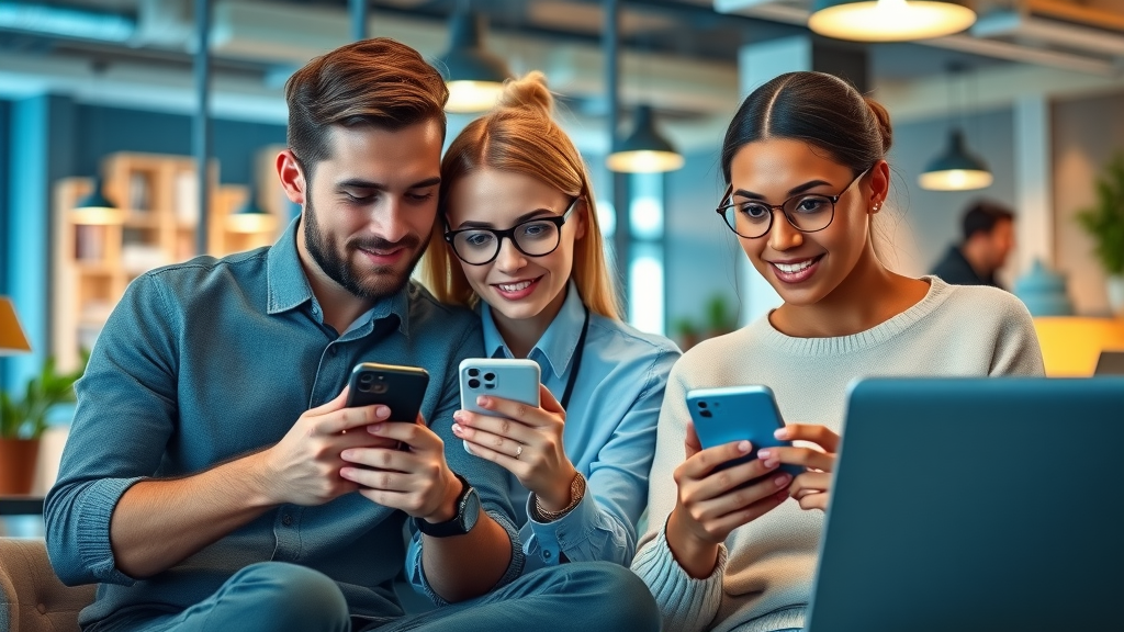 Young professionals using smartphones and laptops searching on social media apps in a modern coworking space - social media as a search engine
