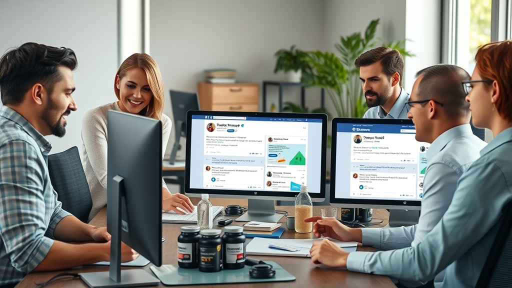 Supplement company team collaborating to maximize building comments on Meta ads for marketing success