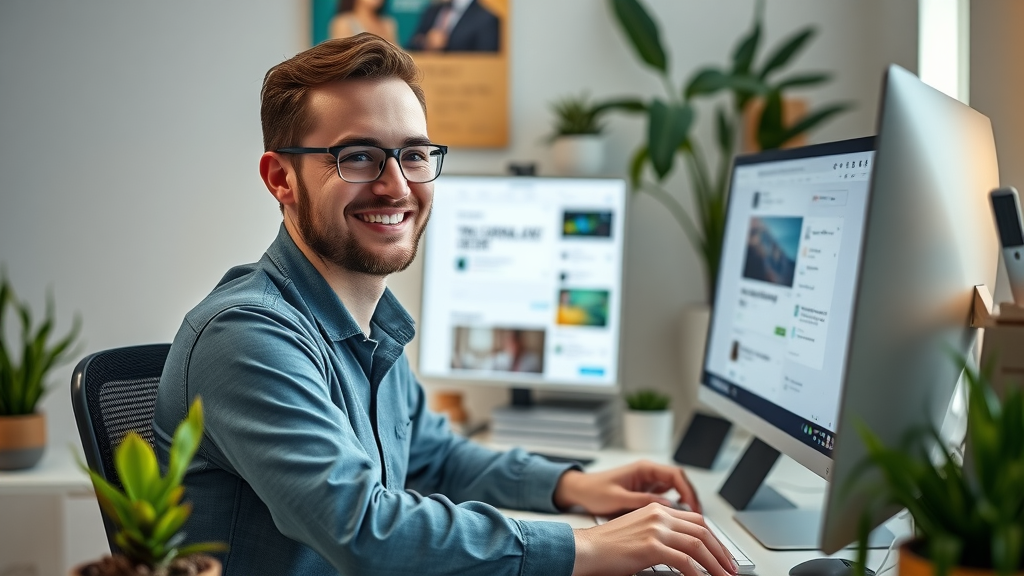 Social proof in ads: Digital marketer synchronizing comments across multiple Meta ad campaigns in office