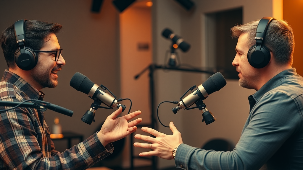 Podcast hosts engaging in a dynamic recording session to boost podcasting traffic channel
