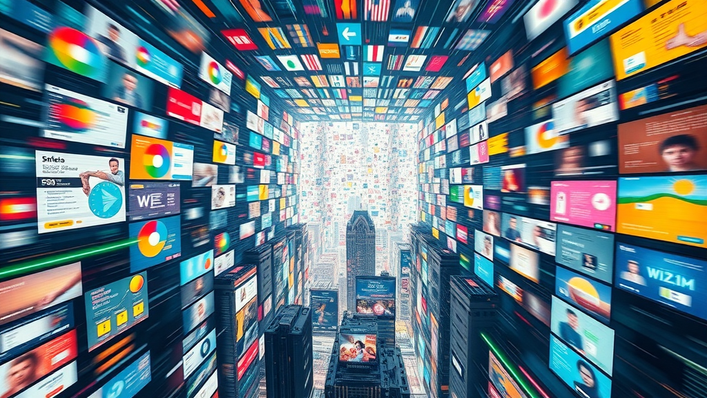 overwhelming stream of diverse digital content rich with vibrant icons and posts, photorealistic depiction of global data flow and screens