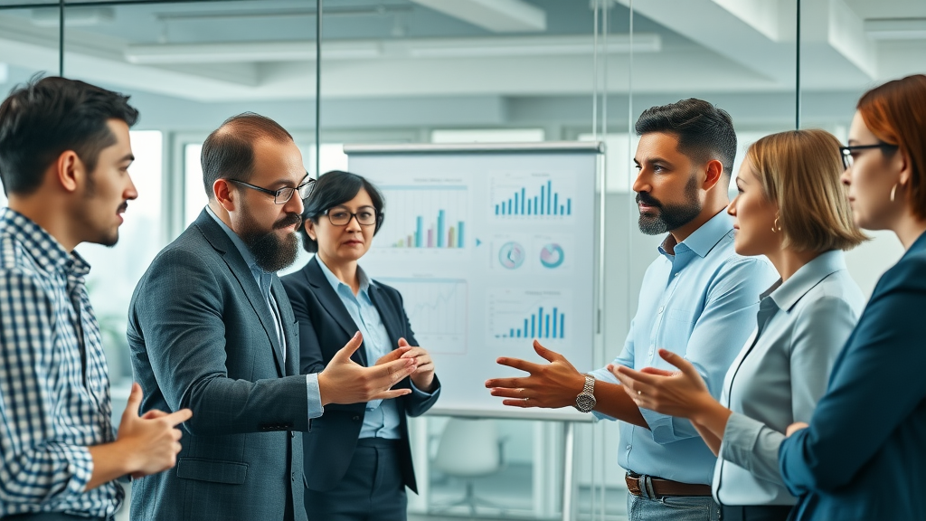 Social proof in ads: Inspirational business team analyzing ad strategies in modern office