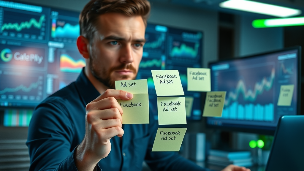 marketer arranging facebook ad sets for small business ROI in high-tech workspace