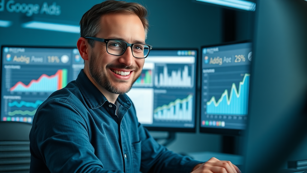 Marketing manager auditing Google Adwords PPC campaign performance on dual monitors
