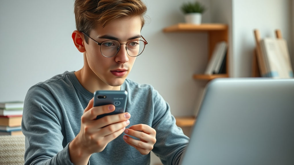 Young adult fact-checking social media content using smartphone and laptop in a workspace - social search reliability