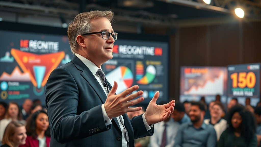 Successful business leader presenting key insights on building brand recognition online in 2025
