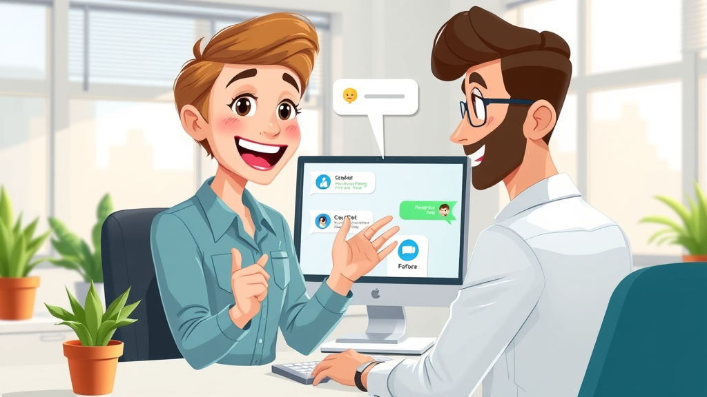 Employee explaining AI chatbot interface in small business