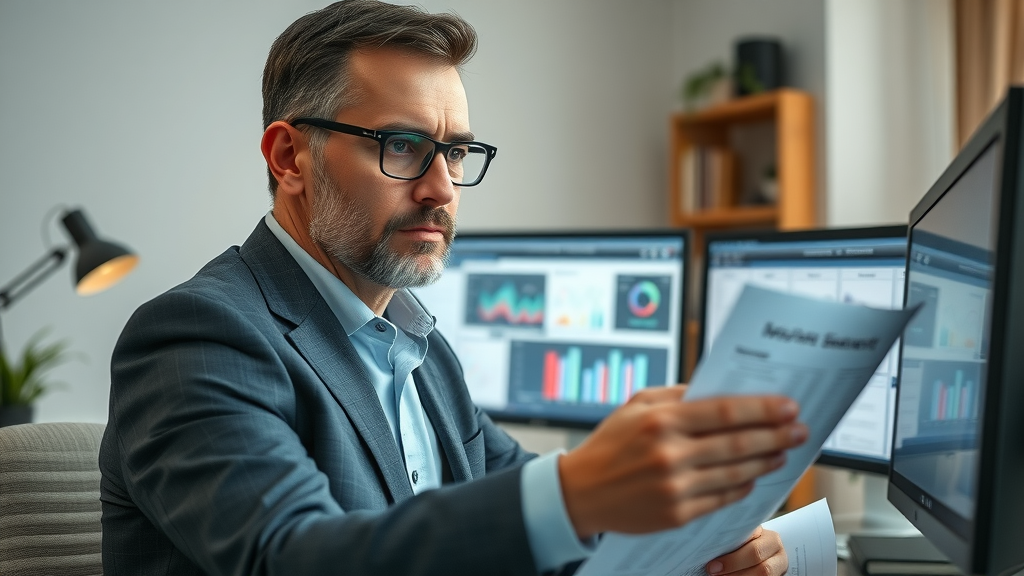 Business owner analyzing AI budget and cybersecurity documents
