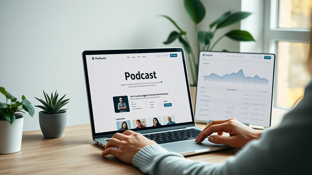 Podcast website landing page with SEO analytics dashboard illustrating podcasting traffic channel growth