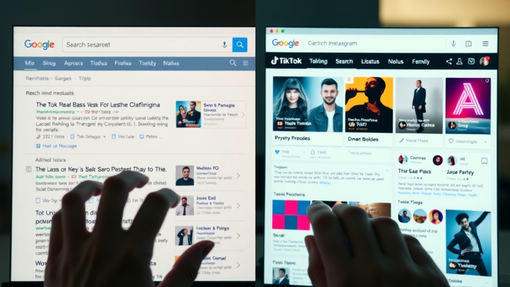 Left side: traditional Google search results; Right side: vibrant, personalized TikTok/Instagram feeds - search engine vs. social media search