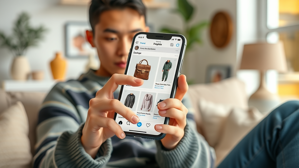 Social commerce trends with mobile user exploring shoppable posts on a smartphone at home