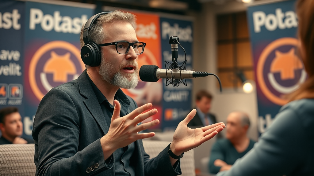 Professional podcast host engaging audience with branding elements to build podcasting traffic channel