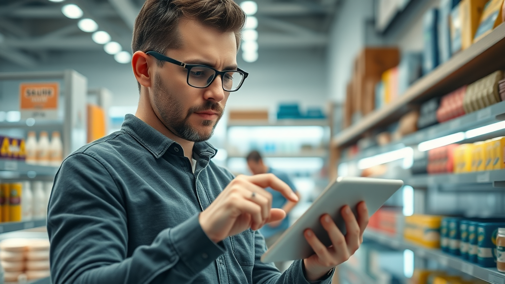 Business owner managing inventory with AI-powered tablet
