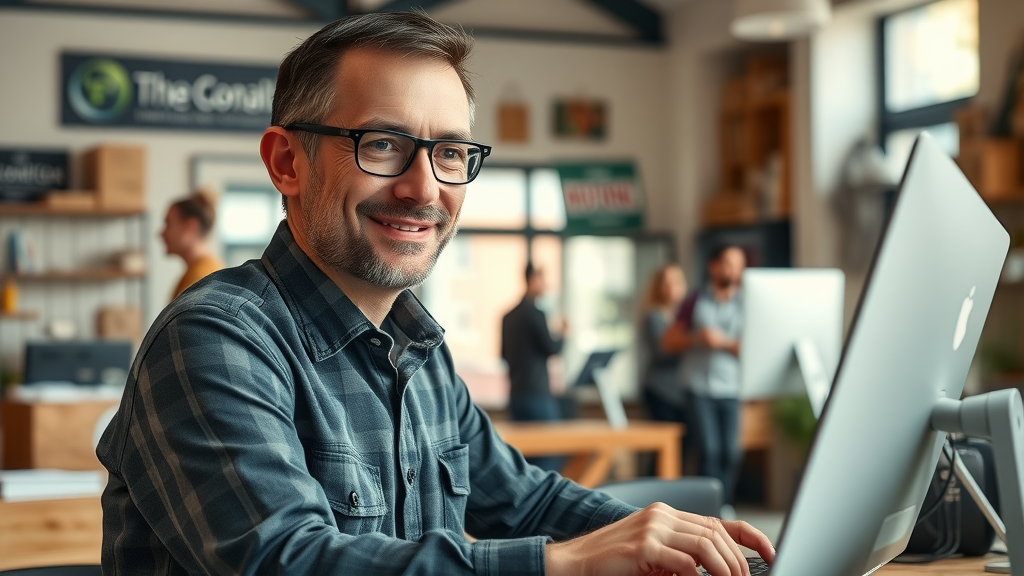 Trustworthy local business owner updating their Google Business Profile on a computer with branding in background.