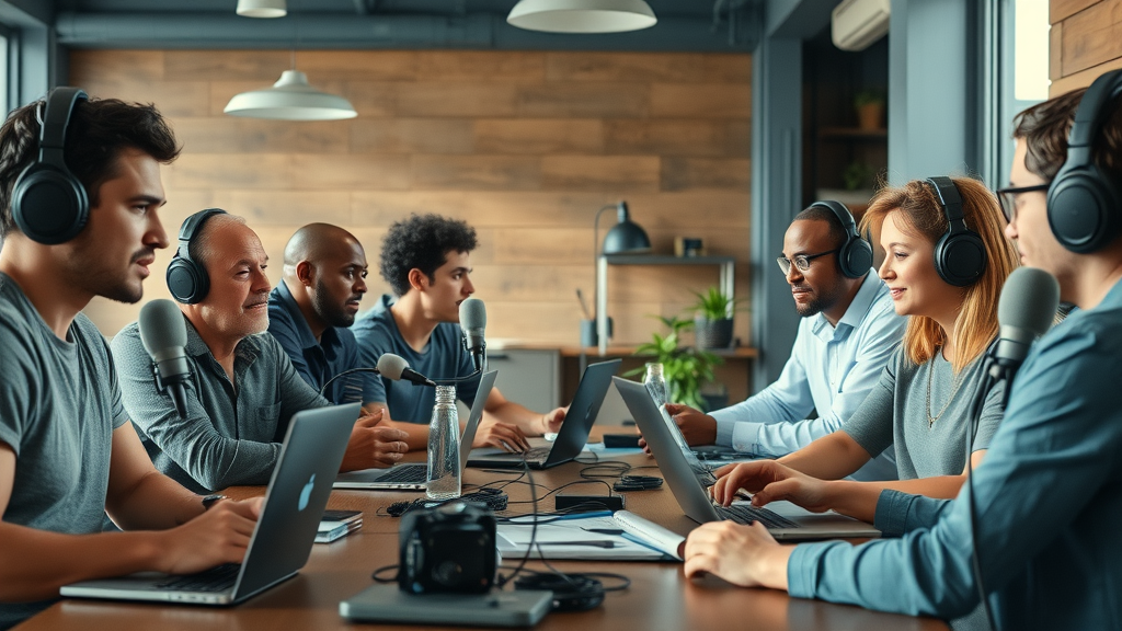 Starting a podcast 2025 - inspiring podcasting scene with diverse group brainstorming ideas in modern workspace