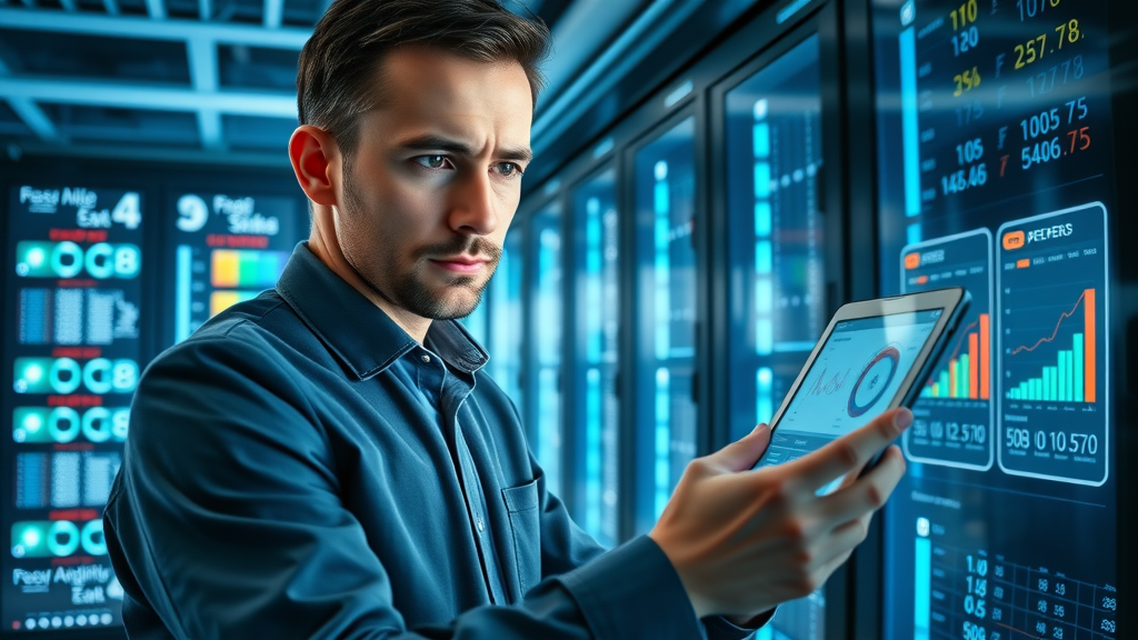 IT expert monitoring site speed and mobile optimization metrics on tablet and phone in a futuristic server room.