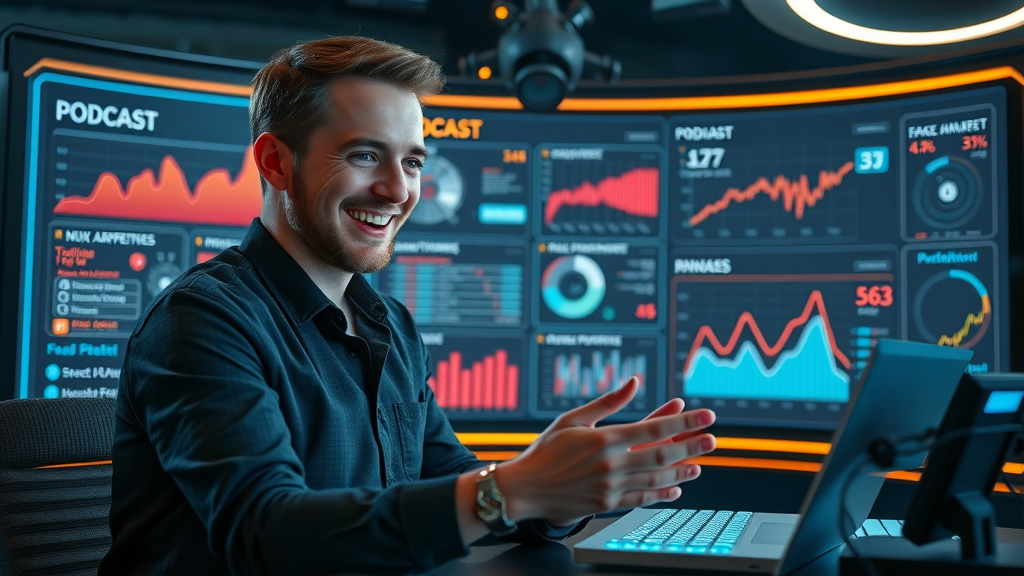 Starting a podcast 2025 - host using futuristic podcast analytics dashboard for content insights