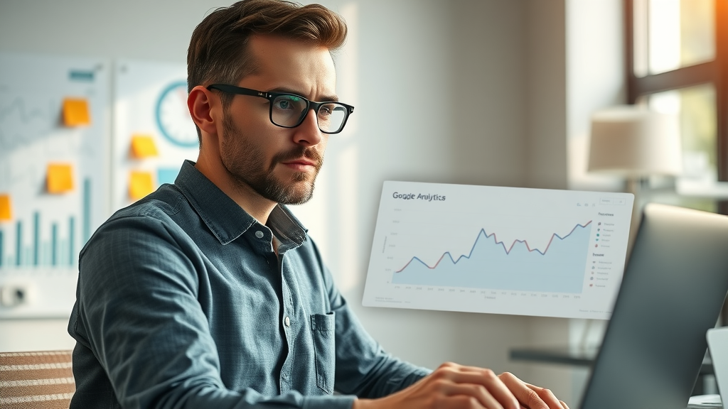 Busy digital analyst viewing Google Analytics dashboard to monitor keyword rank progress and organic traffic