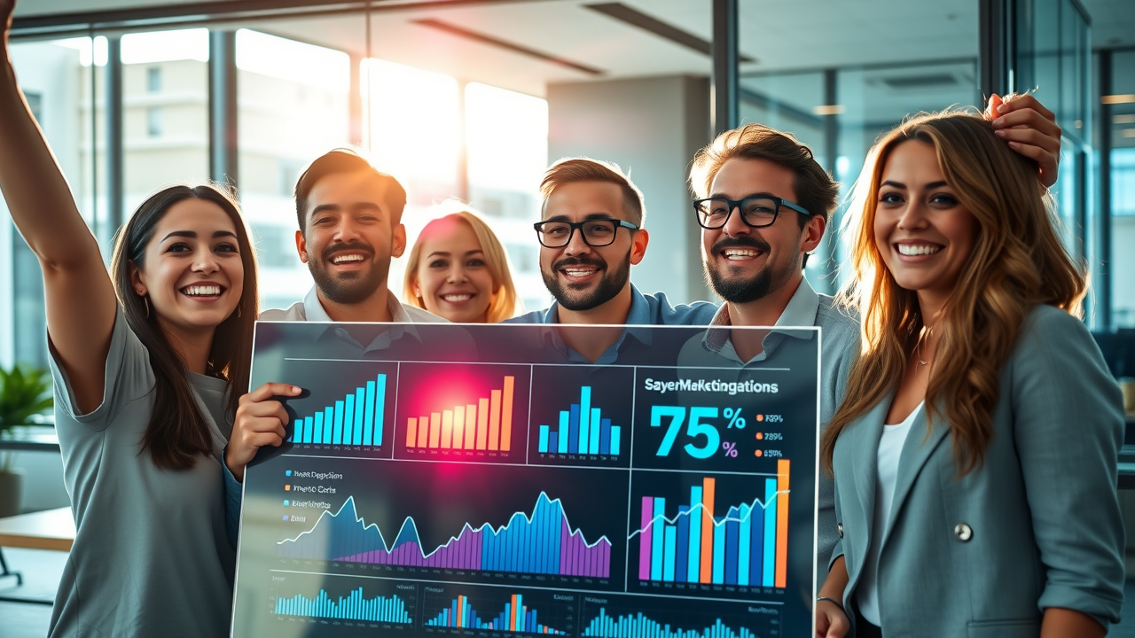 Marketing team celebrating success with AI content recommendations and data-driven growth