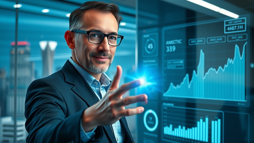 Business owner using AI-powered digital dashboard for client data analytics and acquisition in a modern tech-centric office.