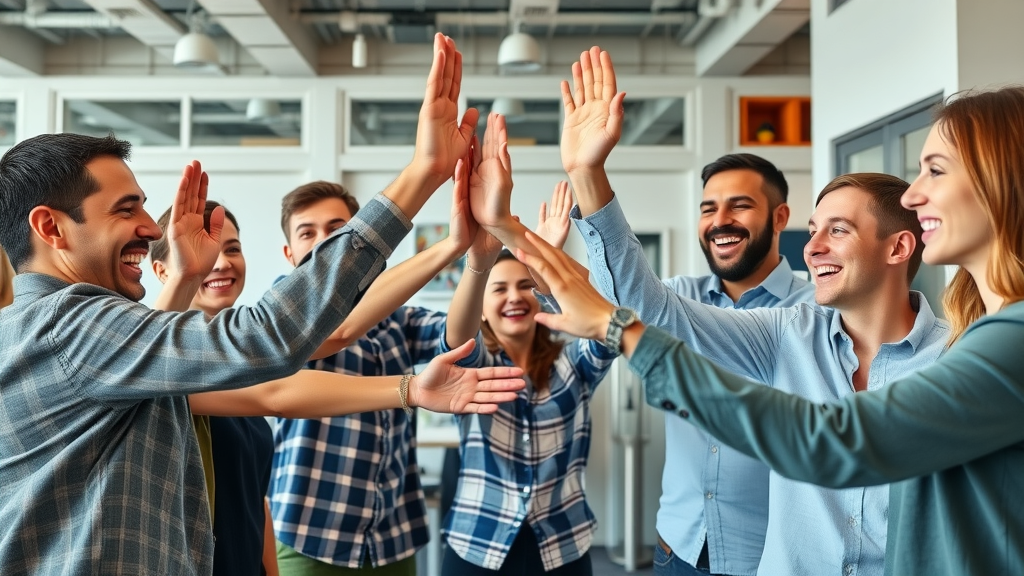 Motivated marketing team celebrating successful proof-driven advertising campaign