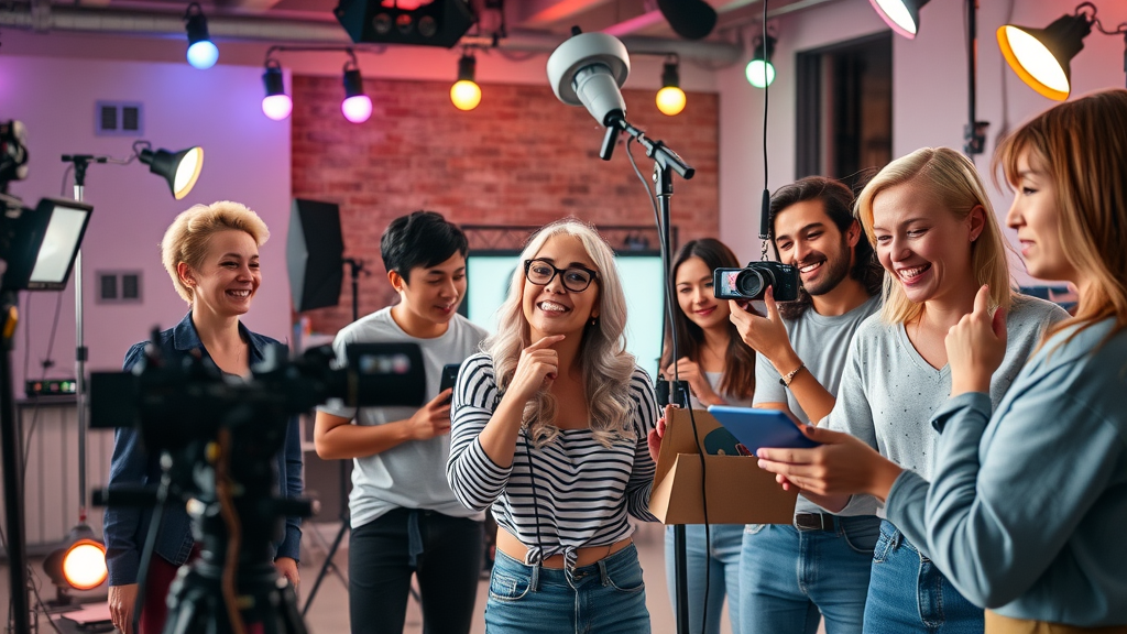 Group of creative content creators producing viral short-form video clips with trending meme props