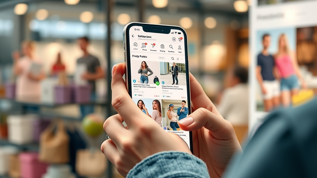 Social commerce trends user engaging with influencer content and shoppable posts on social media app
