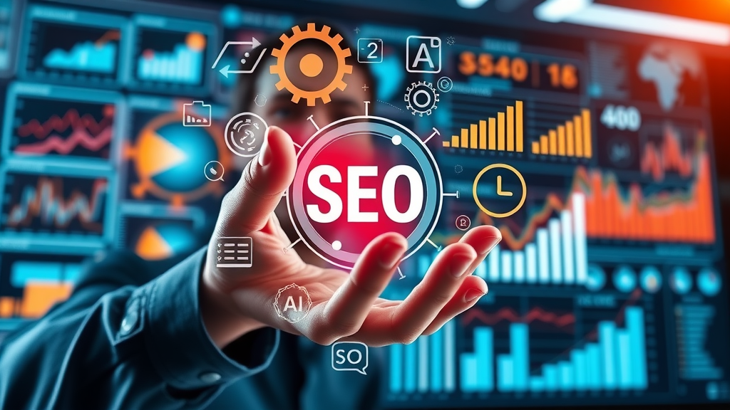Collage symbolizing AI, SEO graphs, brand logos, and web discovery for mastering Google AI overviews