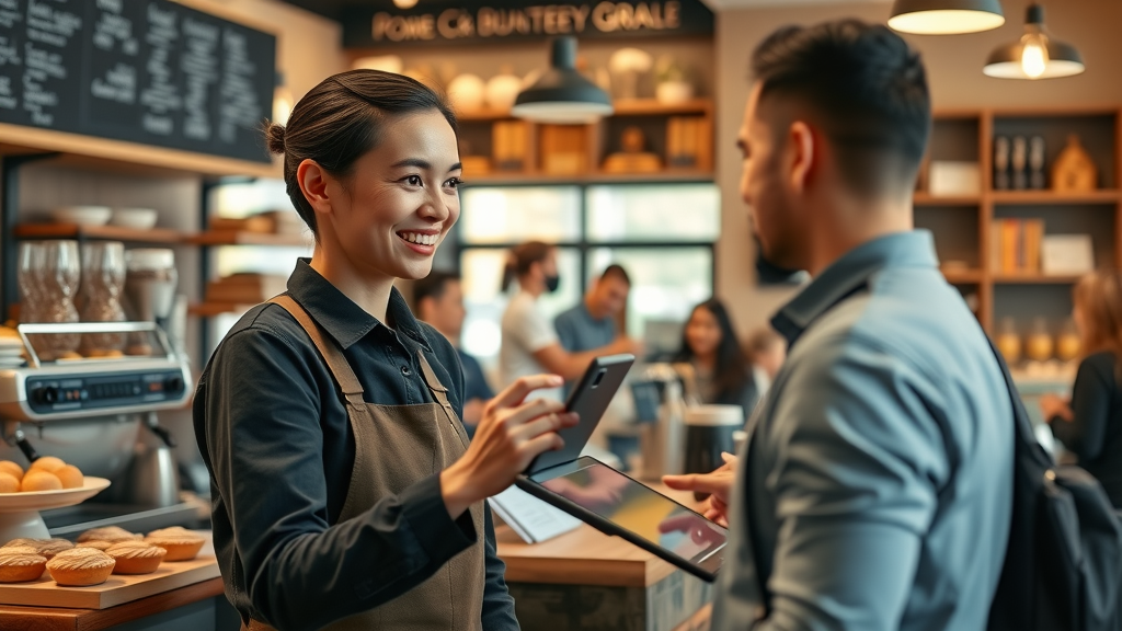 AI-powered virtual assistant helping small business owner at cafe counter. Theme: ai agent, small business, digital assistant.