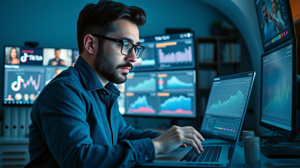 Digital marketer analyzing TikTok analytics and trending hashtags to optimize going viral without followers