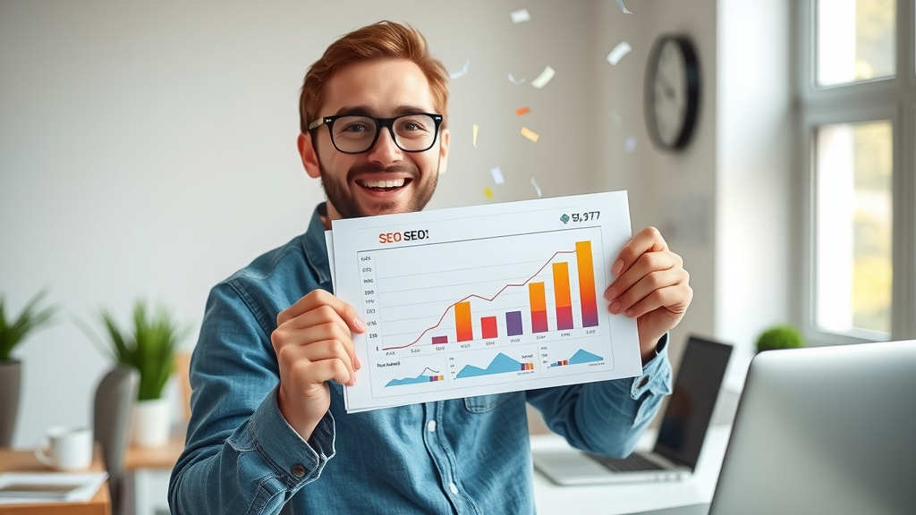website owner celebrating increased domain authority and website authority with upward graph report