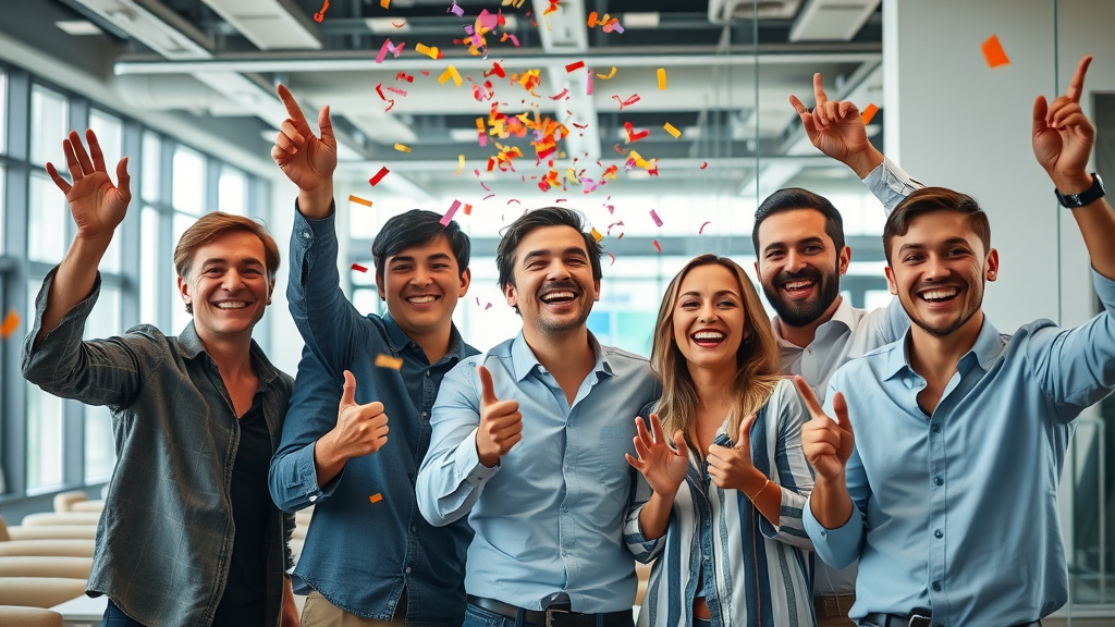 Brand marketing team celebrating viral short-form video analytics and digital marketing success