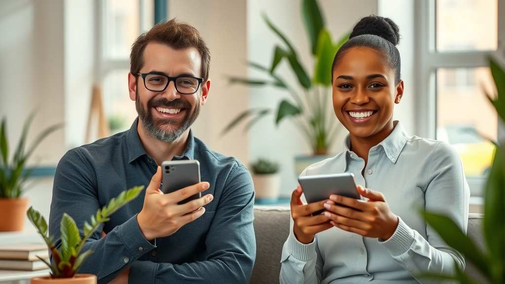 Trustworthy satisfied customers giving video testimonials in cozy modern office setting