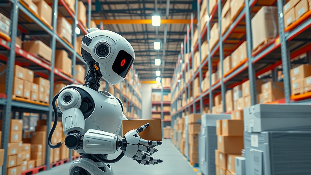 Vibrant e-commerce warehouse with robotic AI system sorting packages. Theme: ai agent, e-commerce, logistics automation.