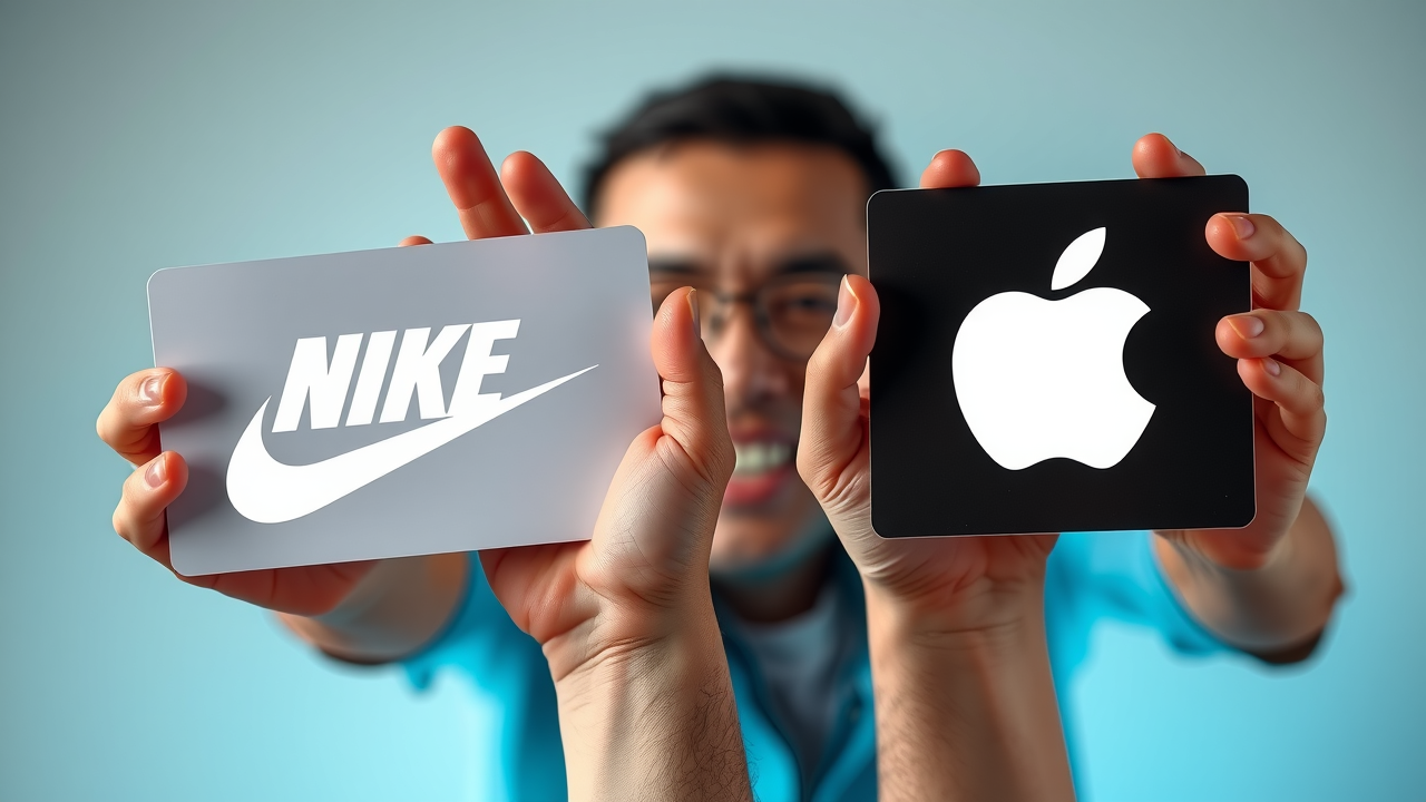Closeup of hands holding Nike and Apple logos illustrating iconic brand recognition online examples