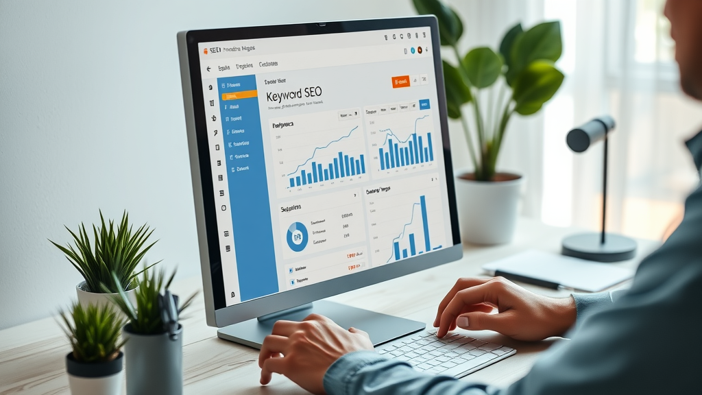 Close-up of an SEO tool dashboard with keyword research graphs and highlighted search terms for page SEO