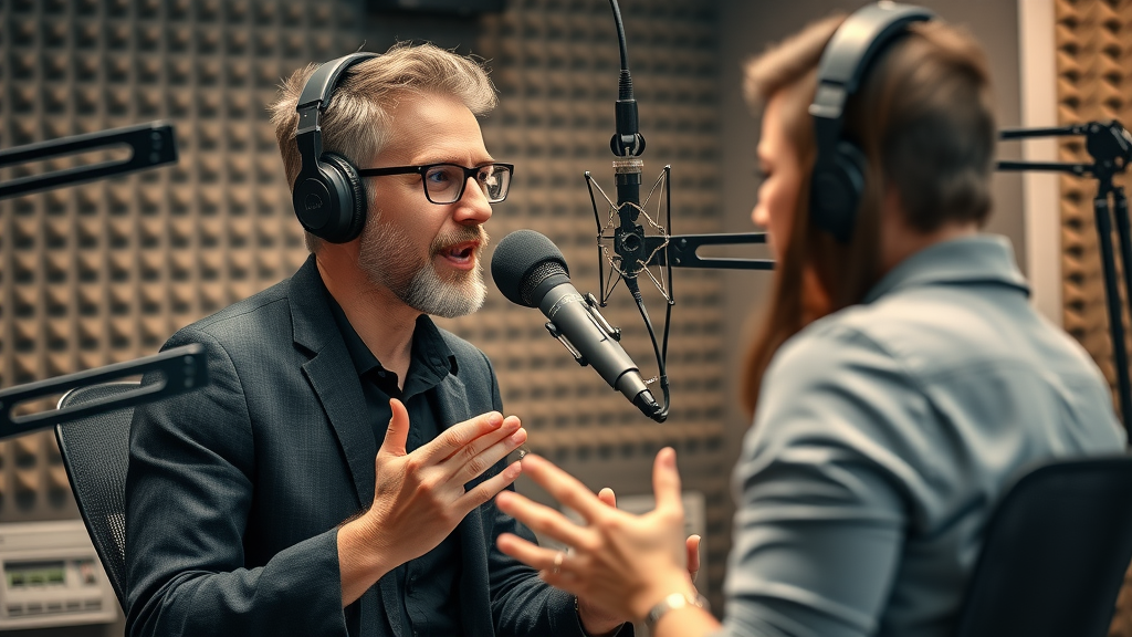 Starting a podcast 2025 - podcaster recording engaging interview in vibrant modern studio