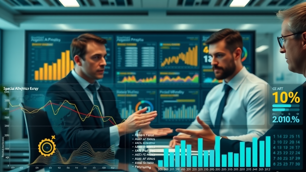 Business analytics dashboard shows AI agent ROI, executives discussing data and financial charts. Theme: ai agent, business ROI, financial analytics.