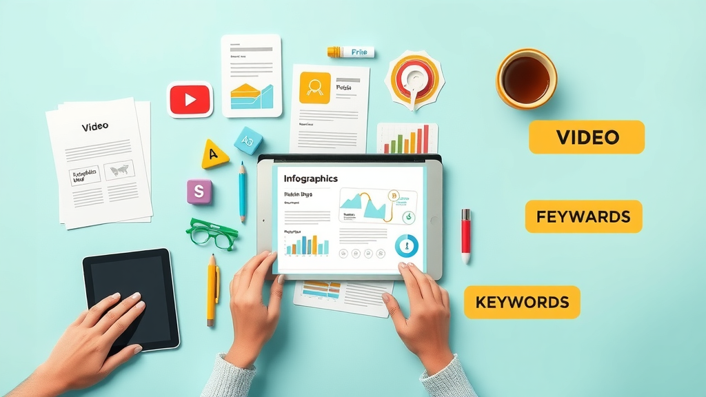 Digital marketing assets including videos, infographics, diagrams, and SEO keyword tags for Google AI overviews content