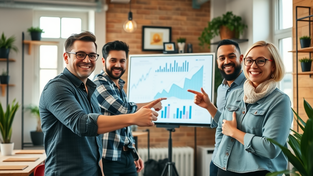 Small business team using AI-powered client growth charts, analyzing upward trends in a cozy startup office.