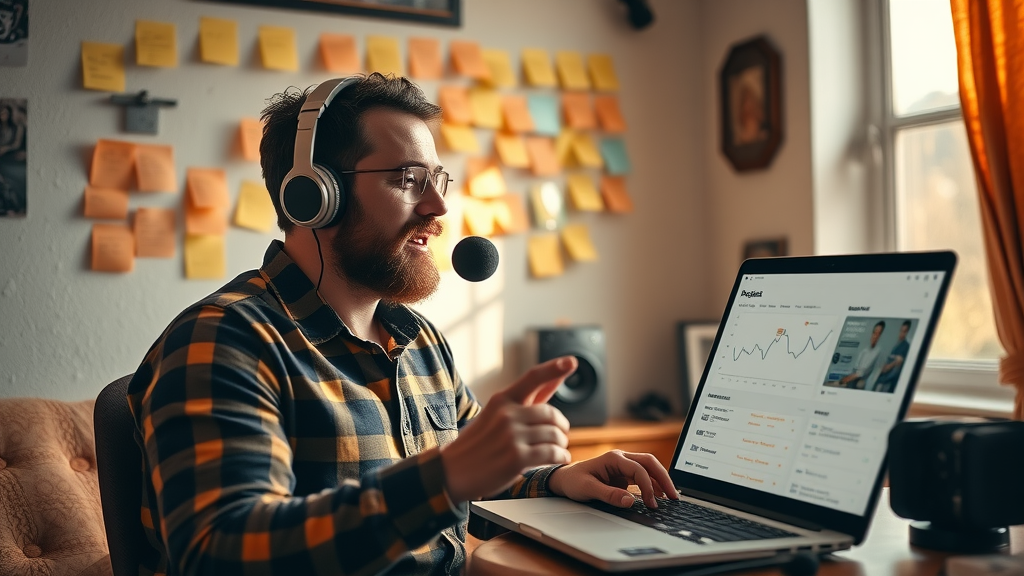 Resourceful podcaster recording with basic equipment focusing on podcasting traffic channel growth