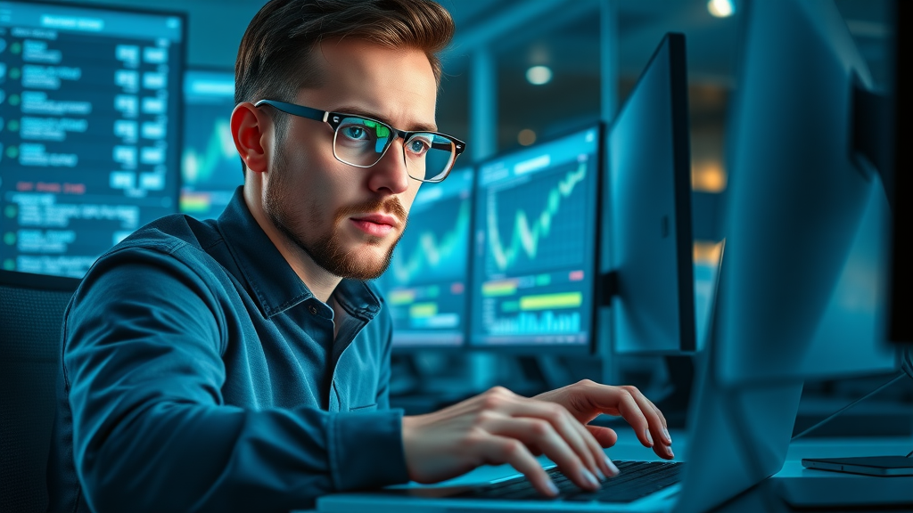 Insightful digital marketer analyzing data and algorithm code for how to rank on Google