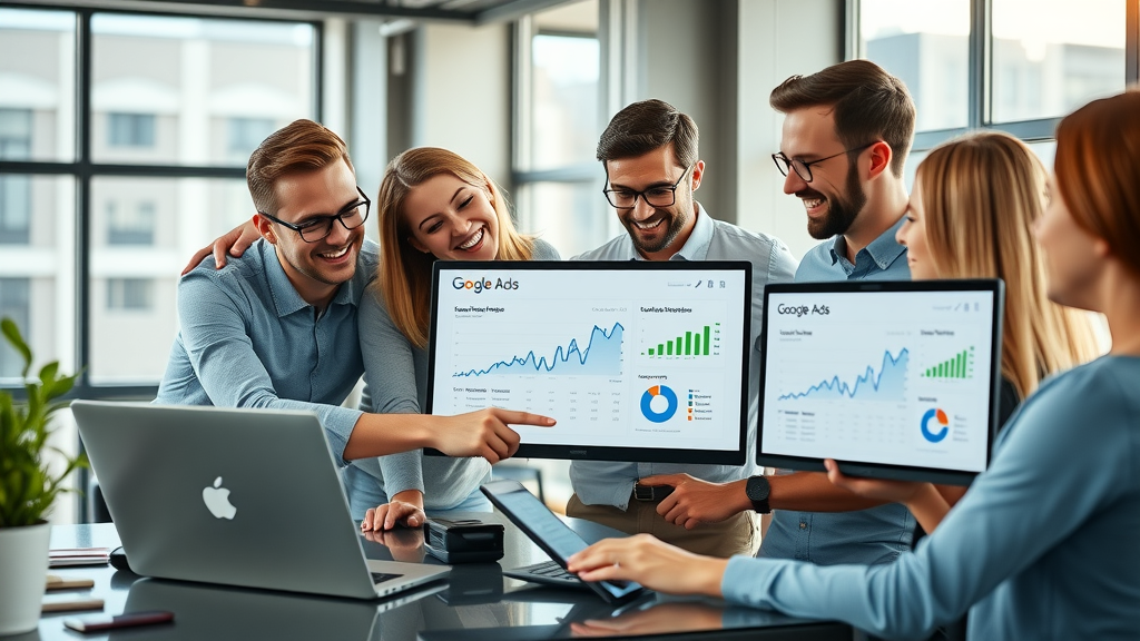 Vibrant marketing team strategizing for Google Adwords PPC campaign success in a modern workspace with Google Ads analytics charts