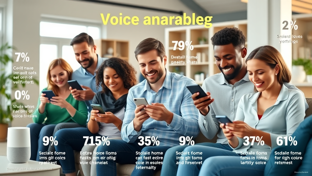 Infographic showing diverse people using voice-enabled devices in modern settings, demonstrating curiosity and engagement with smart speakers and smartphones. Percentage statistics are shown visually.