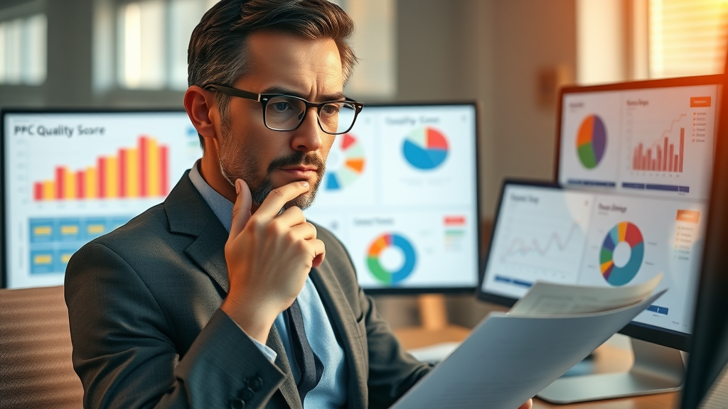 PPC expert analyzing Google Adwords PPC campaign Quality Score data and colorful pie charts
