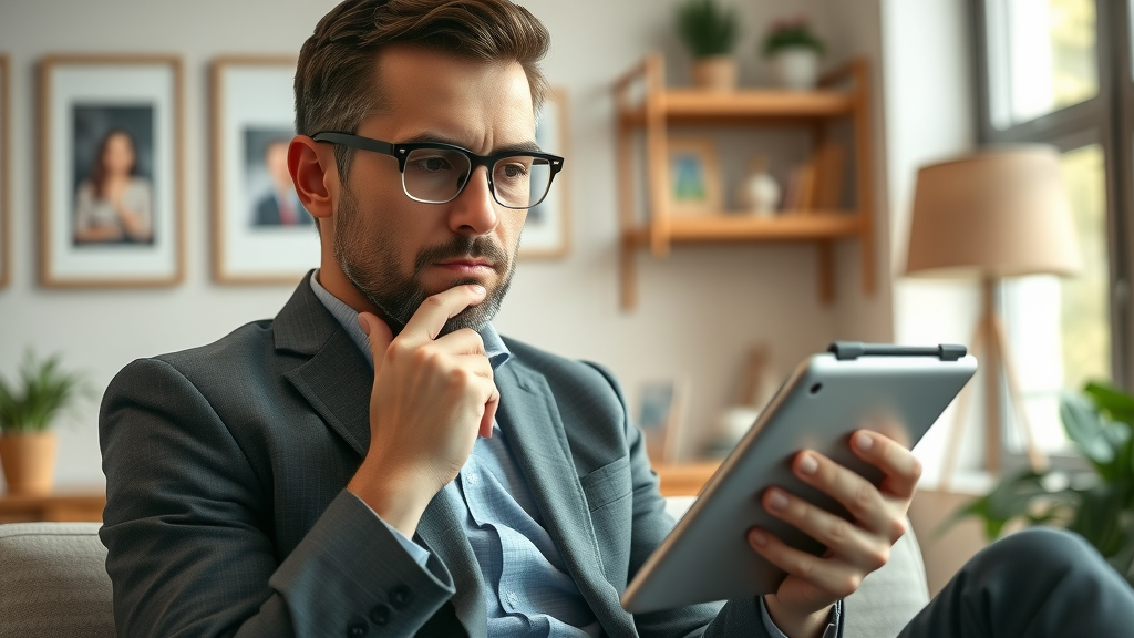 Thoughtful business owner reviewing Meta engagement data on tablet