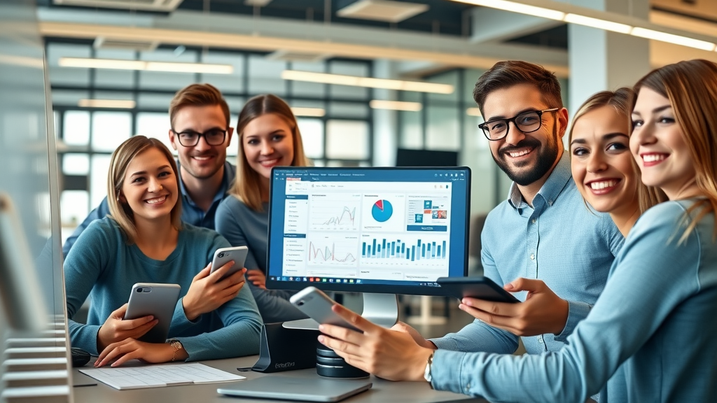 Organized marketing team implementing digital marketing strategies light and collaborative office