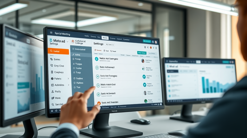 Digital marketing dashboard showing Meta ad social information settings